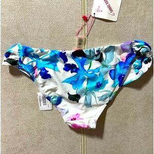 NWT turquoise blue white Pooja L ruched side swim bottoms pop pink floral tanga